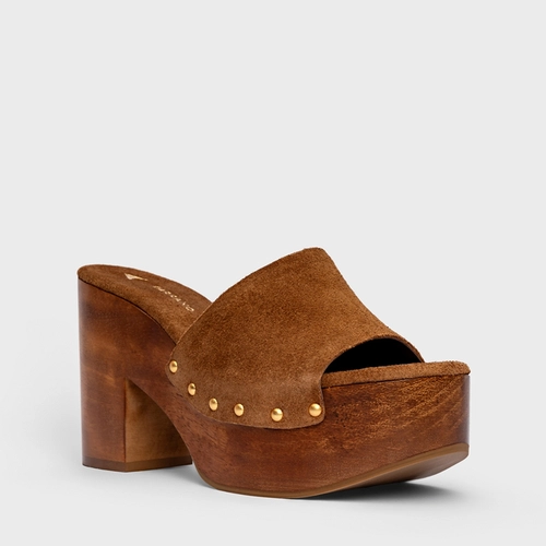 Open Mule Plataforma Wood Studs Couro Suede Marrom Saddle