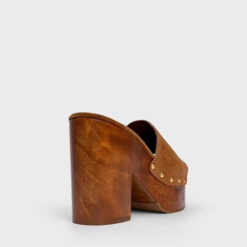 Open Mule Plataforma Wood Studs Couro Suede Marrom Saddle