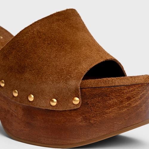 Open Mule Plataforma Wood Studs Couro Suede Marrom Saddle