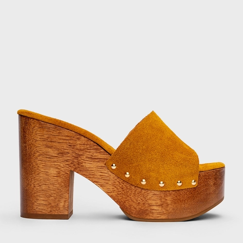 Open Mule Plataforma Wood Studs Couro Suede Amarelo Curcuma