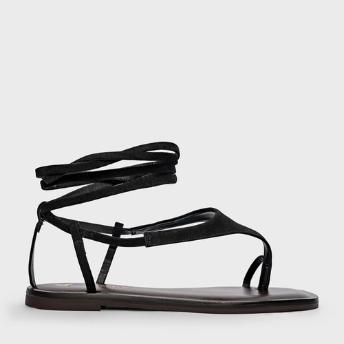 Sandália Flat Effortless Lace Up Couro Nobuck Preto