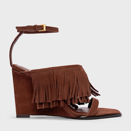 Sandália Franjas Anabela Couro Nobuck Marrom Brunette