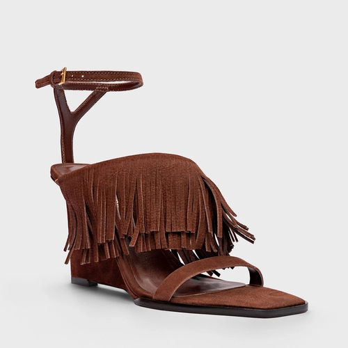 Sandália Franjas Anabela Couro Nobuck Marrom Brunette