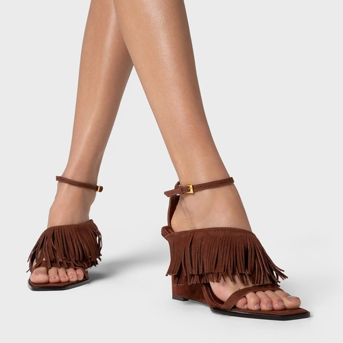 Sandália Franjas Anabela Couro Nobuck Marrom Brunette