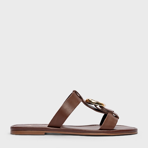 Flat Buckle Duo Tiras Couro Marrom Brunette