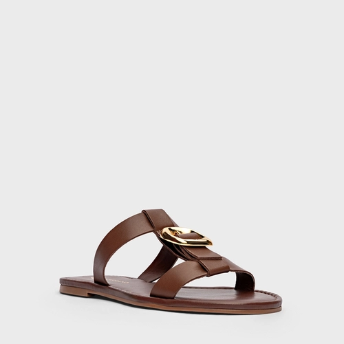 Flat Buckle Duo Tiras Couro Marrom Brunette