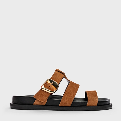 Flat Papete Buckle Triple Tiras Couro Suede Marrom Saddle