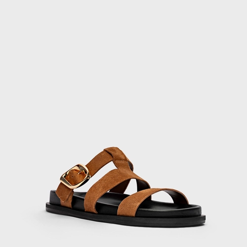 Flat Papete Buckle Triple Tiras Couro Suede Marrom Saddle