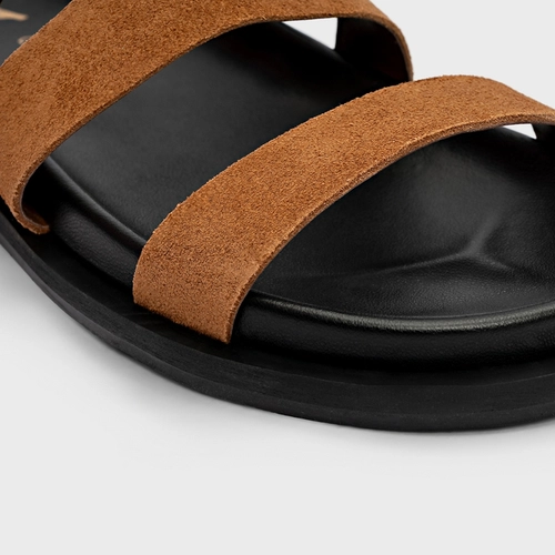 Flat Papete Buckle Triple Tiras Couro Suede Marrom Saddle