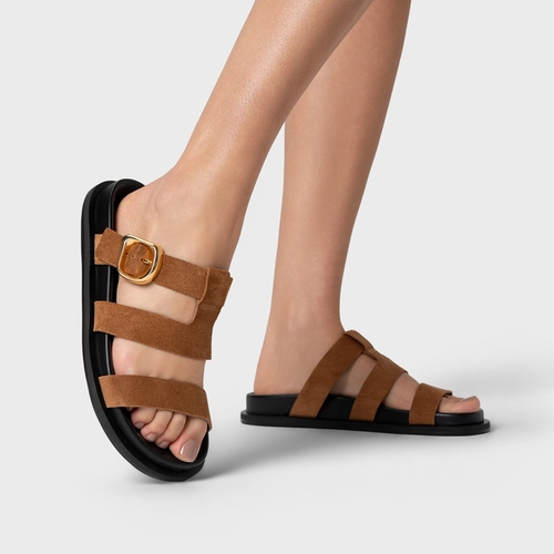 Flat Papete Buckle Triple Tiras Couro Suede Marrom Saddle