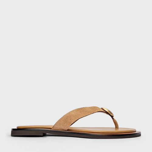 Flat Thong Coin Effortless Couro Suede Bege Toffee