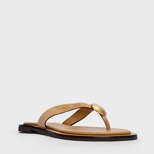 Flat Thong Coin Effortless Couro Suede Bege Toffee