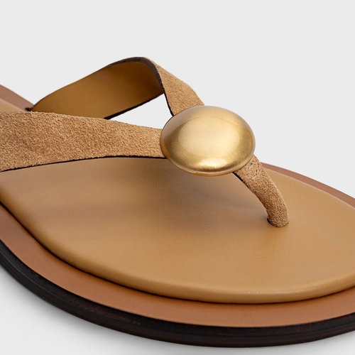 Flat Thong Coin Effortless Couro Suede Bege Toffee