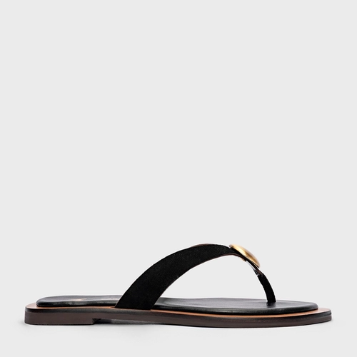 Flat Thong Coin Effortless Couro Suede Preto