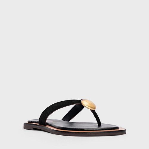 Flat Thong Coin Effortless Couro Suede Preto