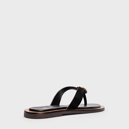 Flat Thong Coin Effortless Couro Suede Preto
