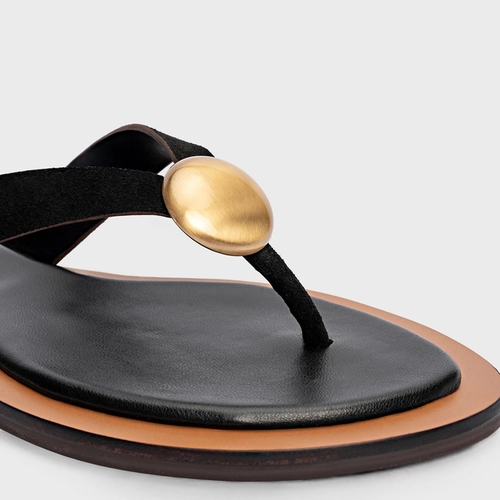 Flat Thong Coin Effortless Couro Suede Preto