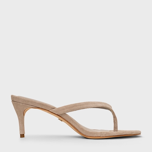 Open Mule Thong Effortless Salto Fino Couro Suede Cinza Cashmere