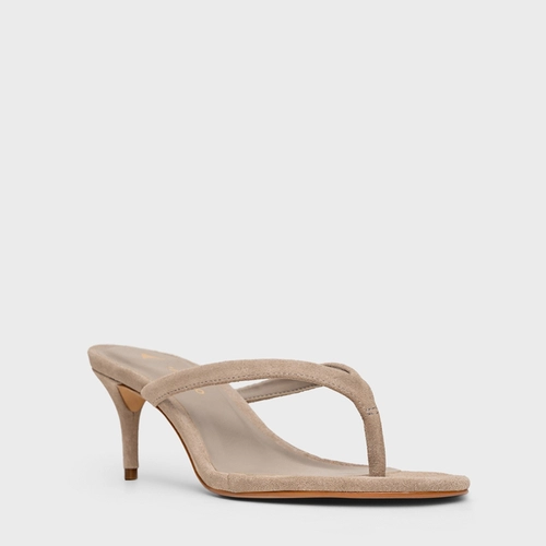 Open Mule Thong Effortless Salto Fino Couro Suede Cinza Cashmere