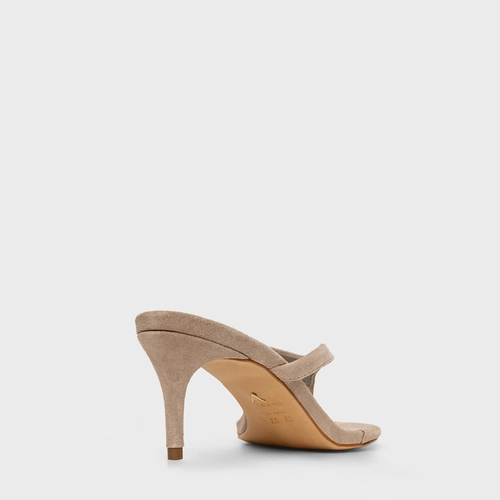 Open Mule Thong Effortless Salto Fino Couro Suede Cinza Cashmere