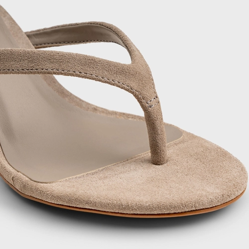 Open Mule Thong Effortless Salto Fino Couro Suede Cinza Cashmere
