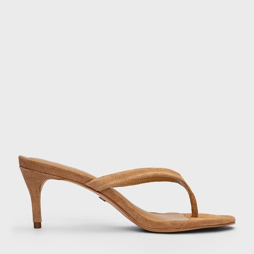 Open Mule Thong Effortless Salto Fino Couro Suede Bege Toffee