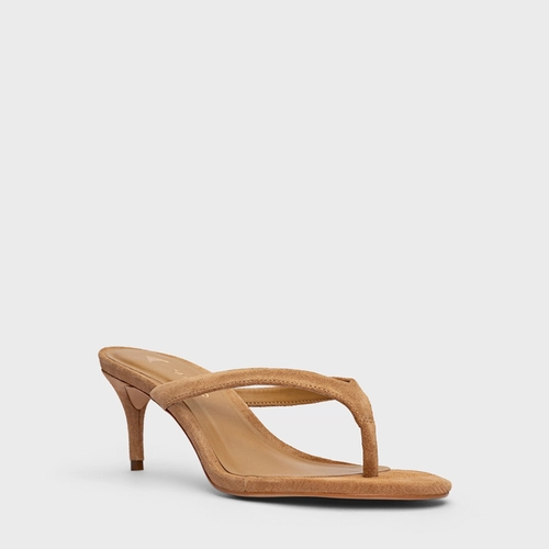 Open Mule Thong Effortless Salto Fino Couro Suede Bege Toffee