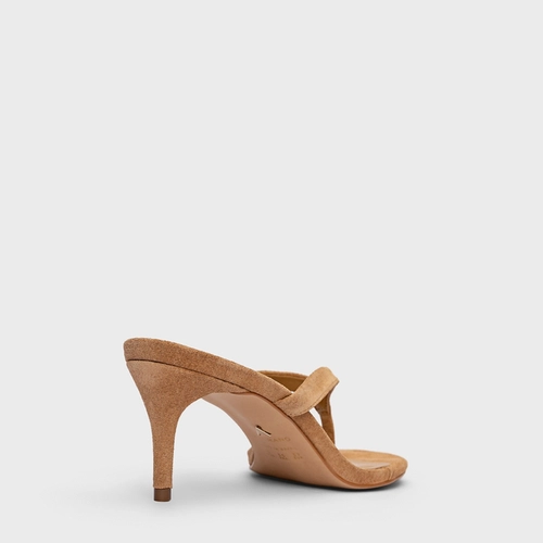 Open Mule Thong Effortless Salto Fino Couro Suede Bege Toffee