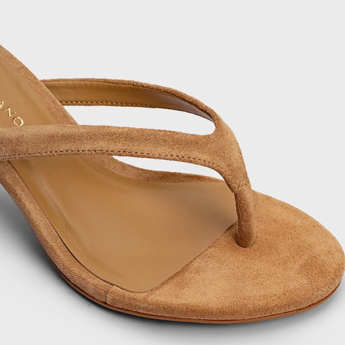 Open Mule Thong Effortless Salto Fino Couro Suede Bege Toffee