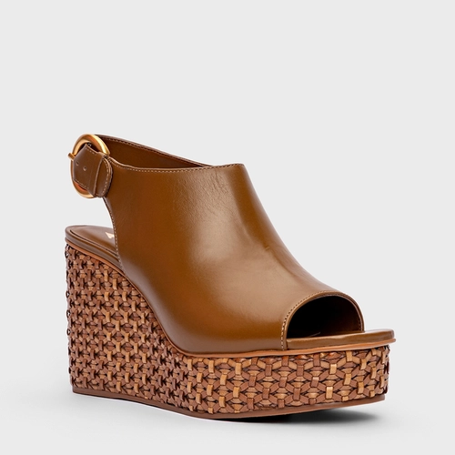 Sandália Tressê Bold Anabela Couro Marrom Saddle