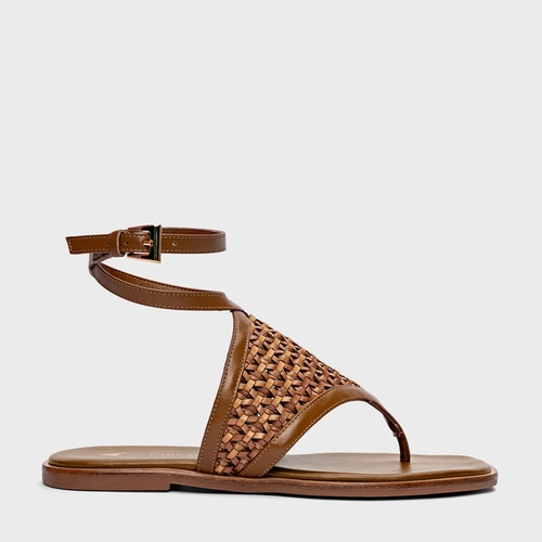 Sandália Flat Tressê Couro Marrom Saddle