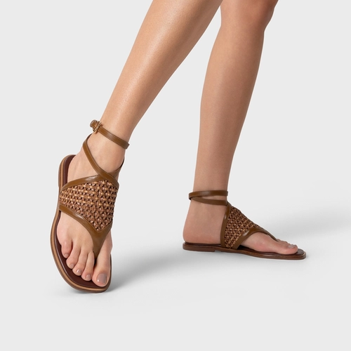 Sandália Flat Tressê Couro Marrom Saddle