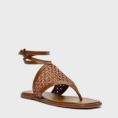 Sandália Flat Tressê Couro Marrom Saddle