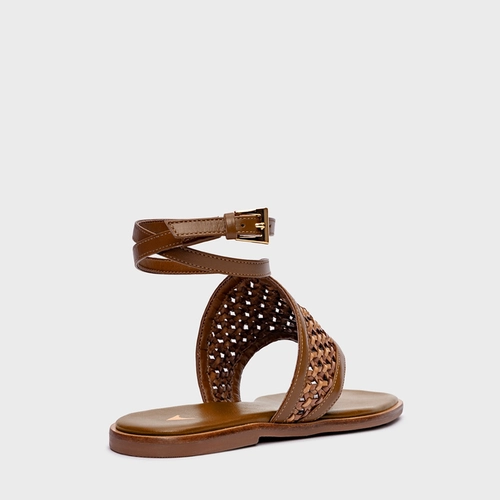 Sandália Flat Tressê Couro Marrom Saddle