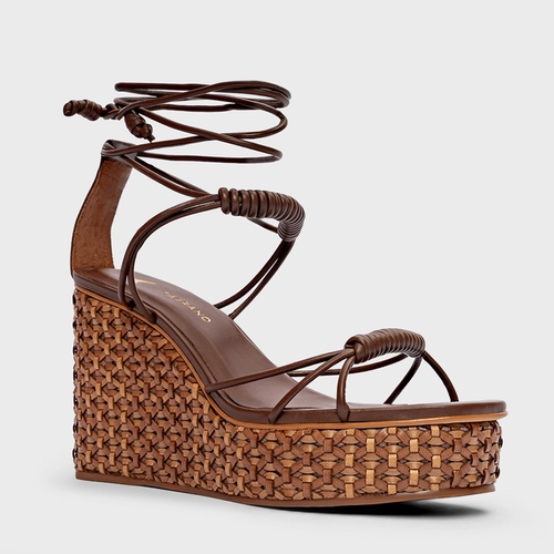 Sandália Tressê Lace Up Anabela Couro Marrom Brunette