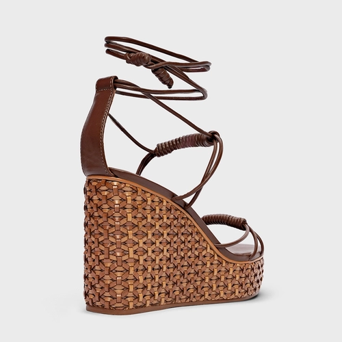 Sandália Tressê Lace Up Anabela Couro Marrom Brunette