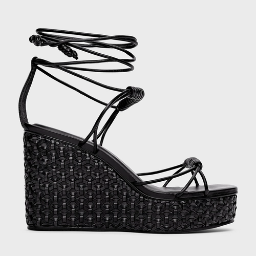 Sandália Tressê Lace Up Anabela Couro Preto