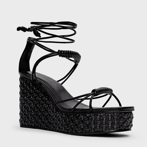 Sandália Tressê Lace Up Anabela Couro Preto