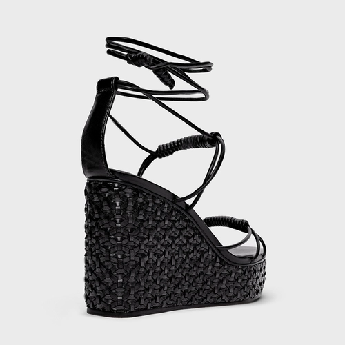 Sandália Tressê Lace Up Anabela Couro Preto