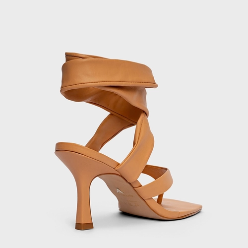 Sandália Thong Maxi Lace Up Salto Fino Couro Bege Biscuit