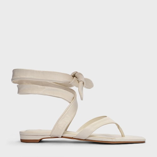 Sandália Flat Thong Maxi Lace Up Couro Off White Milk