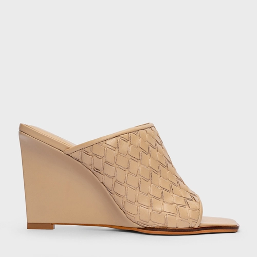 Open Mule Tressê Anabela Couro Bege Ginger