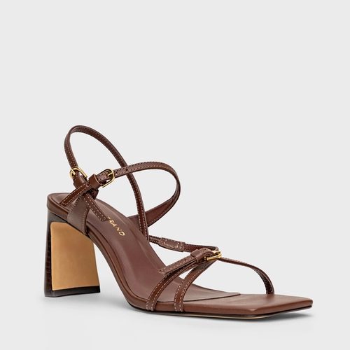 Sandália Iconic Fivelas Salto Reto Couro Marrom Brunette