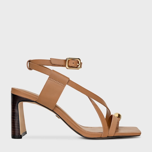 Sandália Iconic Salto Reto Couro Bege Cookie