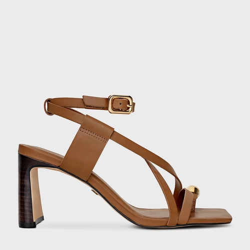 Sandália Iconic Salto Reto Couro Marrom Saddle