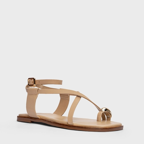 Sandália Flat Iconic Couro Bege Ginger