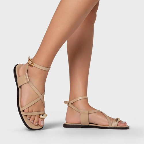 Sandália Flat Iconic Couro Bege Ginger
