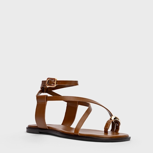 Sandália Flat Iconic Couro Marrom Saddle