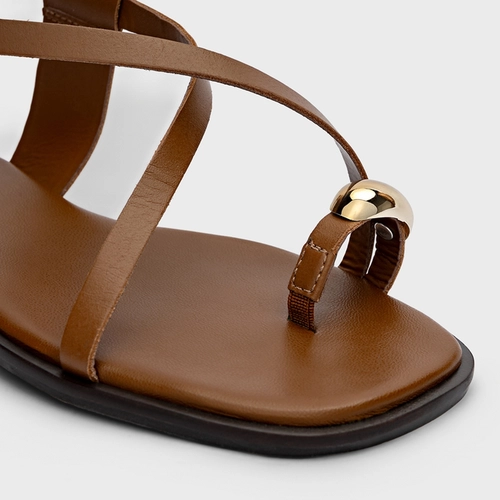 Sandália Flat Iconic Couro Marrom Saddle