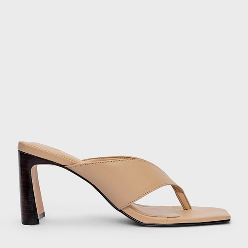 Open Mule Thong Iconic Salto Reto Couro Bege Ginger